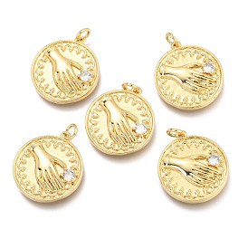 Brass Micro Pave Clear Cubic Zirconia Pendants, Flat Round with Hand