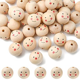 Printed Wood Beads, Large Hole Beads, Round with Smiling Face Pattern, Undyed