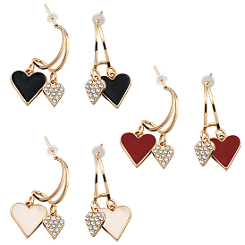 3 пары 3 цветные серьги-гвоздики из сплава со стразами, сердце