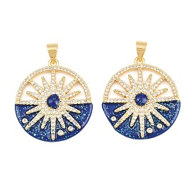 Brass Micro Pave Clear Cubic Zirconia Pendants, with Blue Enamel, Flat Round with Sun Charms, Rack Plating, Long-Lasting Plated, Lead Free & Cadmium Free