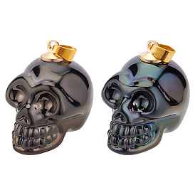 5Pcs Electroplate K9 Glass Pendants, with Golden Plated Brass Bails, Skull, Halloween