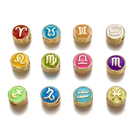12Pcs Brass Beads, with Enamel, Flat Round with Constellation, Real 18K Gold Plated
