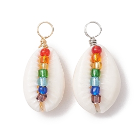 2Pcs 2 Colors Natural Shell Pendants, Chakra Colorful Glass Seed Bead Copper Wire Wrapped Charms