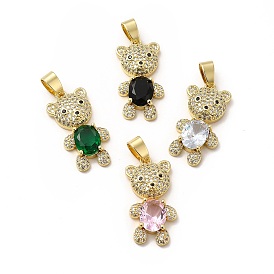 Rack Plating Brass Micro Pave Cubic Zirconia Pendants, Cadmium Free & Lead Free, Real 18K Gold Plated, Bear Charm