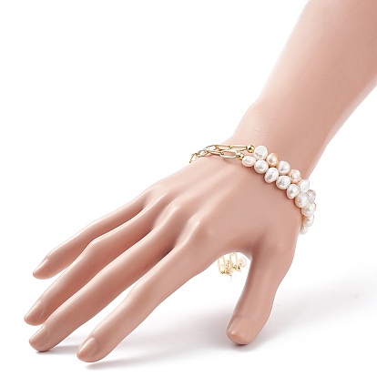 2 pcs 2 bracelets à maillons perlés de couleur naturelle sertis de chaînes de trombones en laiton pour femmes