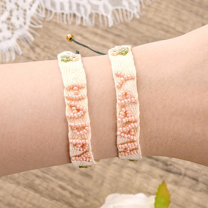 Adjustable Nylon Cord Braided Bead Bracelets, with Glass Seed Beads, with Word HAPPY