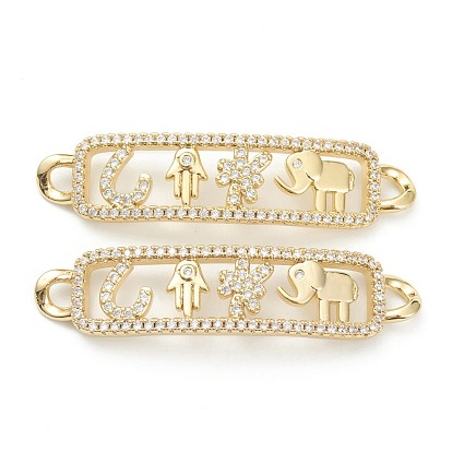 Латунные соединители звеньев микропаве, прозрачные кубические циркония, долговечный, прямоугольник с пальмой, слоном и цветком