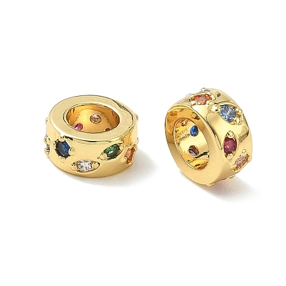 Perles européennes en laiton micro-pavé de zircon cubique coloré, Perles avec un grand trou   , rond, crémaillère plaquage, plaqué longue durée, sans plomb et sans cadmium
