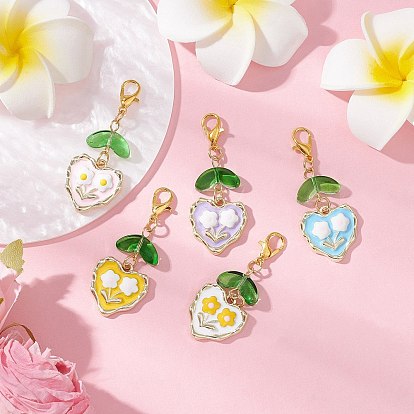 Сердце с цветочным узором, окрашенное распылением сплава, прозрачные стеклянные бусины, подвесные украшения, с карабинами из эмали и цинкового сплава и 304 штифтами из нержавеющей стали