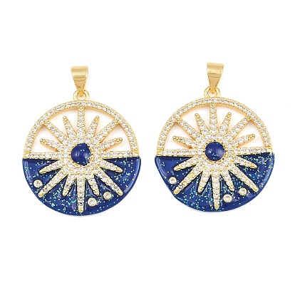 Brass Micro Pave Clear Cubic Zirconia Pendants, with Blue Enamel, Flat Round with Sun Charms, Rack Plating, Long-Lasting Plated, Lead Free & Cadmium Free