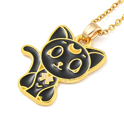 201 Stainless Steel Cable Chain Necklaces, Cat Shape Alloy Enamel Pendant Necklaces