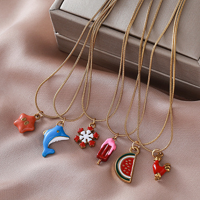 Vintage 304 Stainless Steel Enamel Pendant Round Snake Chain Necklaces for Women, Golden