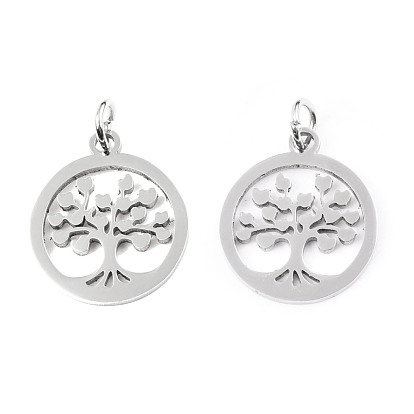 304 Stainless Steel Pendants, with Unsoldered Jump Rings, Flat Round with Tree of Life
