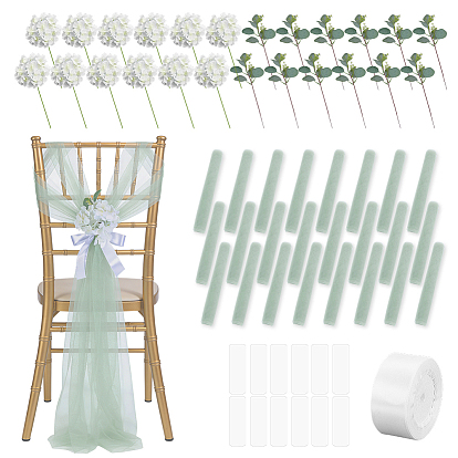 Kits de décoration de fête bricolage, y compris le tissu en maille de nylon, ruban de satin de couleur unie simple face, feuille d'eucalyptus en plastique simulant, fleur d'hortensia artificielle en tissu de soie
