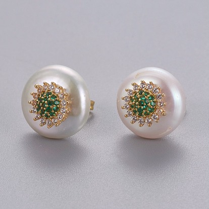 Boucles d'oreilles perle naturelle, avec accessoires zircon cubique micro pave en laiton, plat et circulaire avec fleur, plaqué longue durée, avec des noix de l'oreille