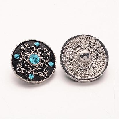 Плоские круглые с смешанного стиля кнопок ювелирных изделий сплава цинка оснастки, со стразами, античное серебро, 20~22x11 мм, Ручка: 5~5.5 мм