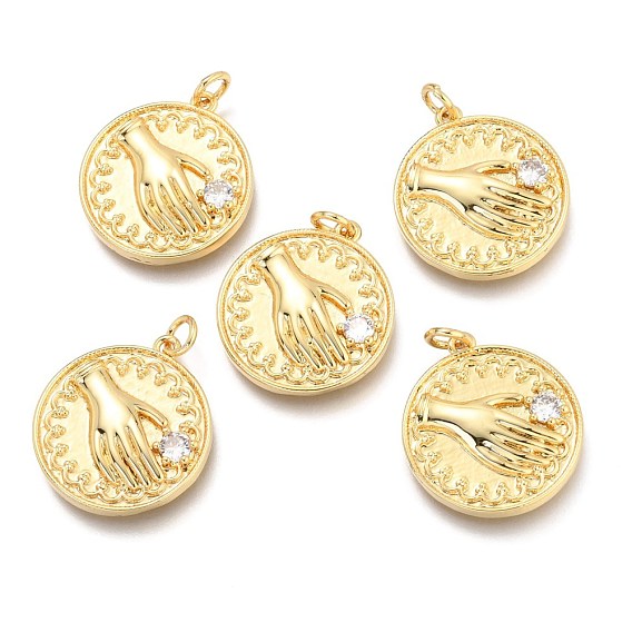 Brass Micro Pave Clear Cubic Zirconia Pendants, Flat Round with Hand