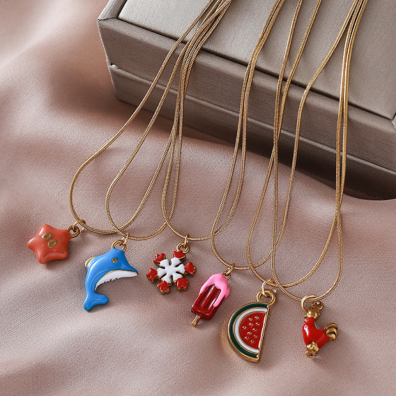 Vintage 304 Stainless Steel Enamel Pendant Round Snake Chain Necklaces for Women, Golden