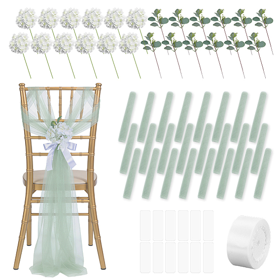 DIY Party Decoration Kits, including Nylon Mesh Fabric, Single Face Solid Color Satin Ribbon, Plastic Simulation Eucalyptus Leaf, Silk Cloth Artificial Hydrangea Flower