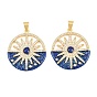 Brass Micro Pave Clear Cubic Zirconia Pendants, with Blue Enamel, Flat Round with Sun Charms, Rack Plating, Long-Lasting Plated, Lead Free & Cadmium Free