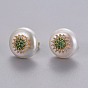 Natürliche Perle Ohrstecker, mit Messing micro pave Zirkonia Zubehör, flach rund mit Blume, langlebig überzogen, mit Ohrmuttern