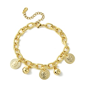 Brass Cable Chain Bracelets, 304 Stainless Steel Coin Charm Bracelets for Women