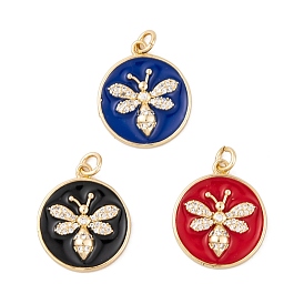 Brass Micro Pave Cubic Zirconia Pendants, with Jump Ring and Enamel, Real 18K Gold Plated, Flat Round with Bees