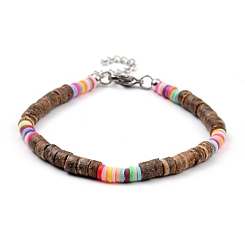 Bracelets perlés, avec des perles de noix de coco naturelles, perles heishi en pâte polymère et fermoirs à pince de homard 304 en acier inoxydable