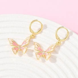 Серьги-кольца с бабочками из латуни с микропаве из прозрачных кубических цирконий, с эмалью, стойки покрытие, без кадмия и без свинца, долговечный, золотые