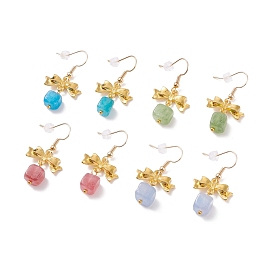 Natural Dolomite Cube with Alloy Bowknot Dangle Earrings, Gold Plated Brass Jewelry for Women