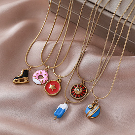 304 Collares con colgante de acero inoxidable esmaltado para mujer, con un claro zirconia cúbico, dorado, helado donut zapatos de sol