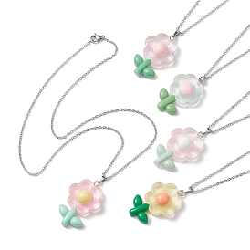 Resin Flower Pendant Necklaces, 304 Stainless Steel Cable Chain Necklaces