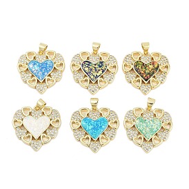 Латунные микропаве прозрачные подвески с фианитом, сердце, с синтетическим опалом, долговечный, стойки покрытие, без свинца и без кадмия