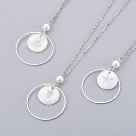Brass Pendant Necklaces, with Shell Beads and Iron Findings, Flat Round