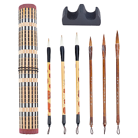 Pandahall elite 6 pcs 6 styles stylo pinceau de calligraphie chinoise à poils, avec porte-stylo en bois, 1 porte-pinceau enroulable pour stylo en bambou, 1 porte-balais en bois pc