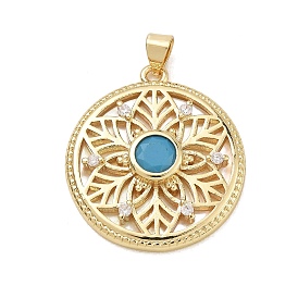 Brass Micro Pave Sky Blue Cubic Zirconia Pendants, with Natural Shell, Flat Round & Flower Charms, Rack Plating, Long-Lasting Plated, Cadmium Free & Lead Free