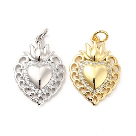 Rack Plating Brass Micro Pave Cubic Zirconia Pendants, Sacred Heart Charm, Mexican Milagro Flaming Holy Heart Pendant, Long-Lasting Plated, with Jump Rings, Cadmium Free & Lead Free