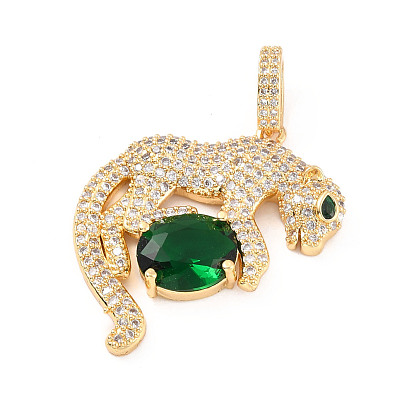 Rack Plating Brass Micro Pave Cubic Zirconia Pendants, Cadmium Free & Lead Free, Leopard