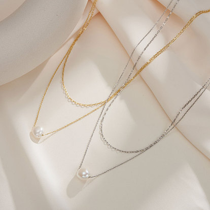 Round Natural Freshwater Pearl Pendant Necklaces, 925 Sterling Silver Double Layer Necklaces for Women