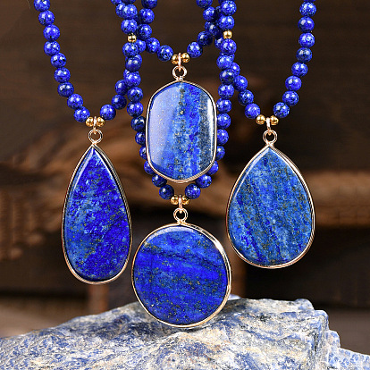 Подвески из латунных камней, окрашенных в натуральный цвет, с бусинами из лазурита, золотые