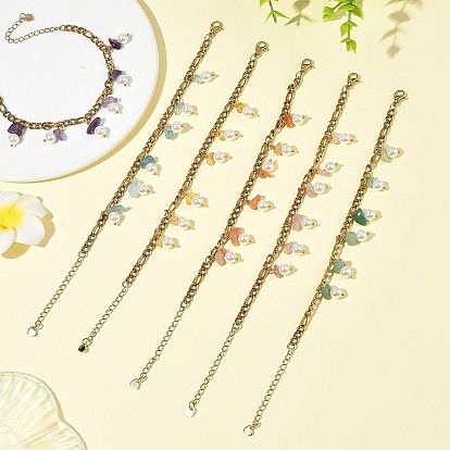 Natural Gemstone Chip and Shell Pearl Beads Tassel 304 Stainless Steel Figaro Chain Bracelets, Golden