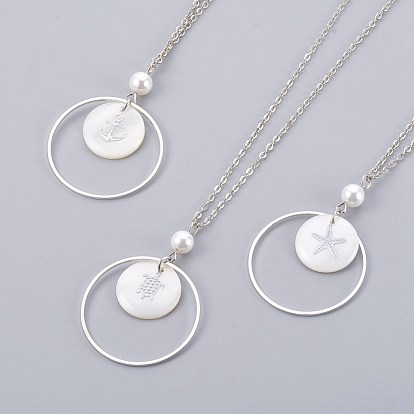 Brass Pendant Necklaces, with Shell Beads and Iron Findings, Flat Round