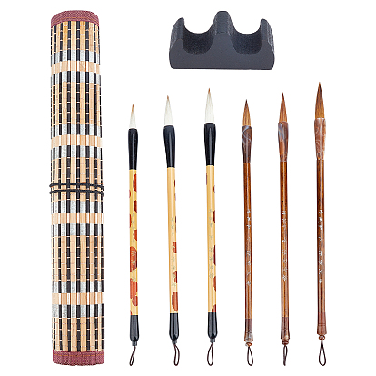6Pcs 6 Styles Bristle Chinese Calligraphy Brush Pen, with Wooden Pen Holder, 1Pc Bamboo Kintted Pen Roll Up Brush Holder, 1Pc Wooden Brush Holder