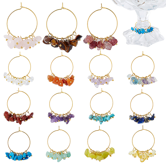 30 piezas 15 colores naturales y sintéticos, piedras preciosas mixtas y dijes de cristal de cristal hechos a mano, con anillo de latón con dijes de copa de vino, color mezclado