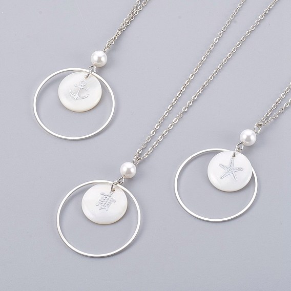 Brass Pendant Necklaces, with Shell Beads and Iron Findings, Flat Round