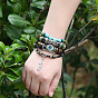 Cowhide Leather Multi-strand Bracelets, Wood & Synthetic Turquoise & Evil Eye Beaded Adjustable Bracelet with Alloy Feather Charms