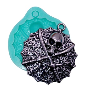 Flat Round with Skull & Sword Pendant Food Grade Silicone Molds, Resin Casting Molds, for UV Resin, Epoxy Resin Jewelry Making