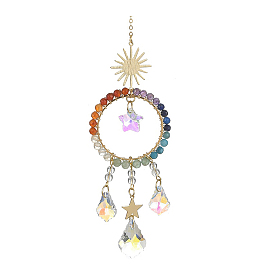 Perles de pierres précieuses chakra, décorations pendentif étoile/lune/cœur/anneau, attrape-soleil suspendus, avec breloque en forme de larme de verre, pour la décoration intérieure, soleil et étoile