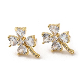 Rack Plating Real 18K Gold Plated Brass Clover Stud Earrings, with Cubic Zirconia, Long-Lasting Plated, Lead Free & Cadmium Free