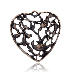 Tibétain alliage filigrane de style gros pendentifs, coeur avec motif des oiseaux, sans nickel, 51x49x5mm, Trou: 4mm